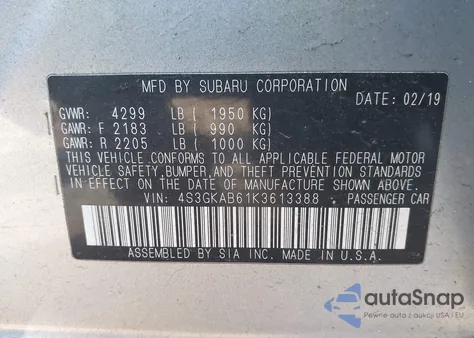 2019 Subaru Impreza 2.0I from USA, damaged, VIN 4S3GKAB61K3613388